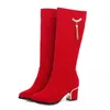 Herbst Winter Kniehohe Stiefel Frauen Schwarz Rot Flock frauen Hohe Stiefel Luxus Casual Low Heels Mode Lange Party Schuhe weibliche