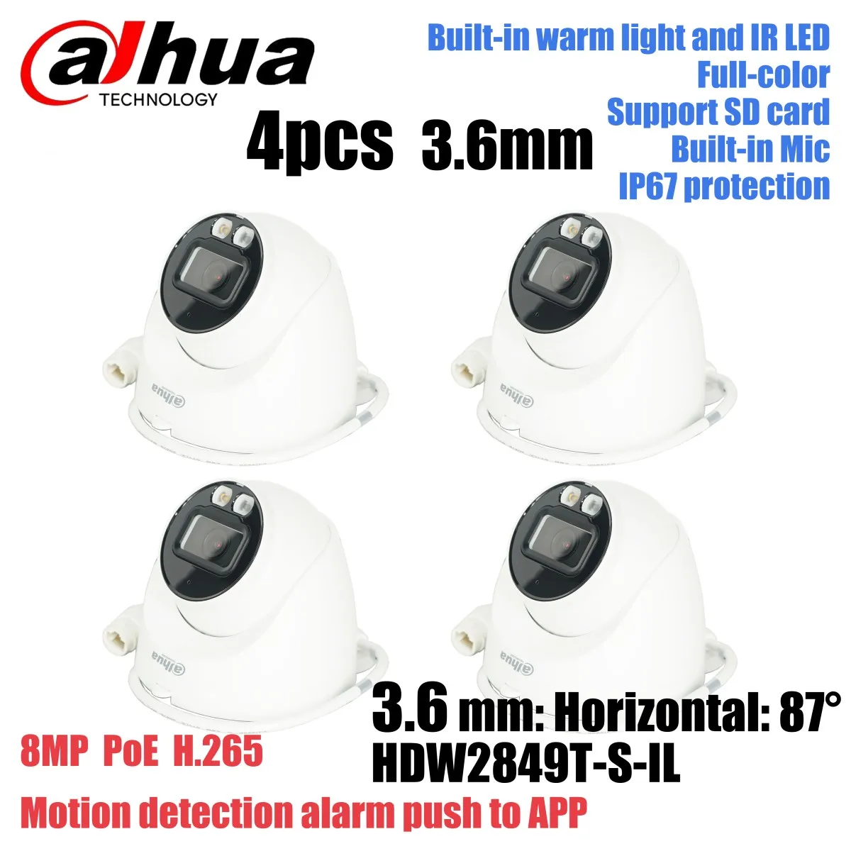 4 Stück 3,6 mm HDW2849T-S-IL Dahua 8 MP Smart Dual Light Augapfel-WizSense-IP-Kamera mit fester Brennweite, integriertes warmes IR-LED-Mikrofon Image