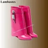Mitte Kalb rosa umgedrehte Metalls chloss Dekor Hai Stiefel Keile Absatz Frauen Schuhe Seite Reiß verschluss spitzen Zehen 2024 Zapatos Para Mujere