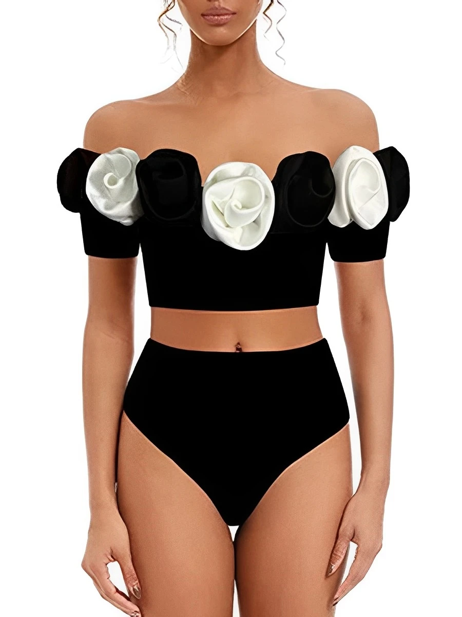 2026 Trägerloser 3D-Rosen-Bikini, 2-teilig, Damen-Badeanzug mit hoher Taille, gepolsterte Bademode, Sommer-Schwimmanzug Image