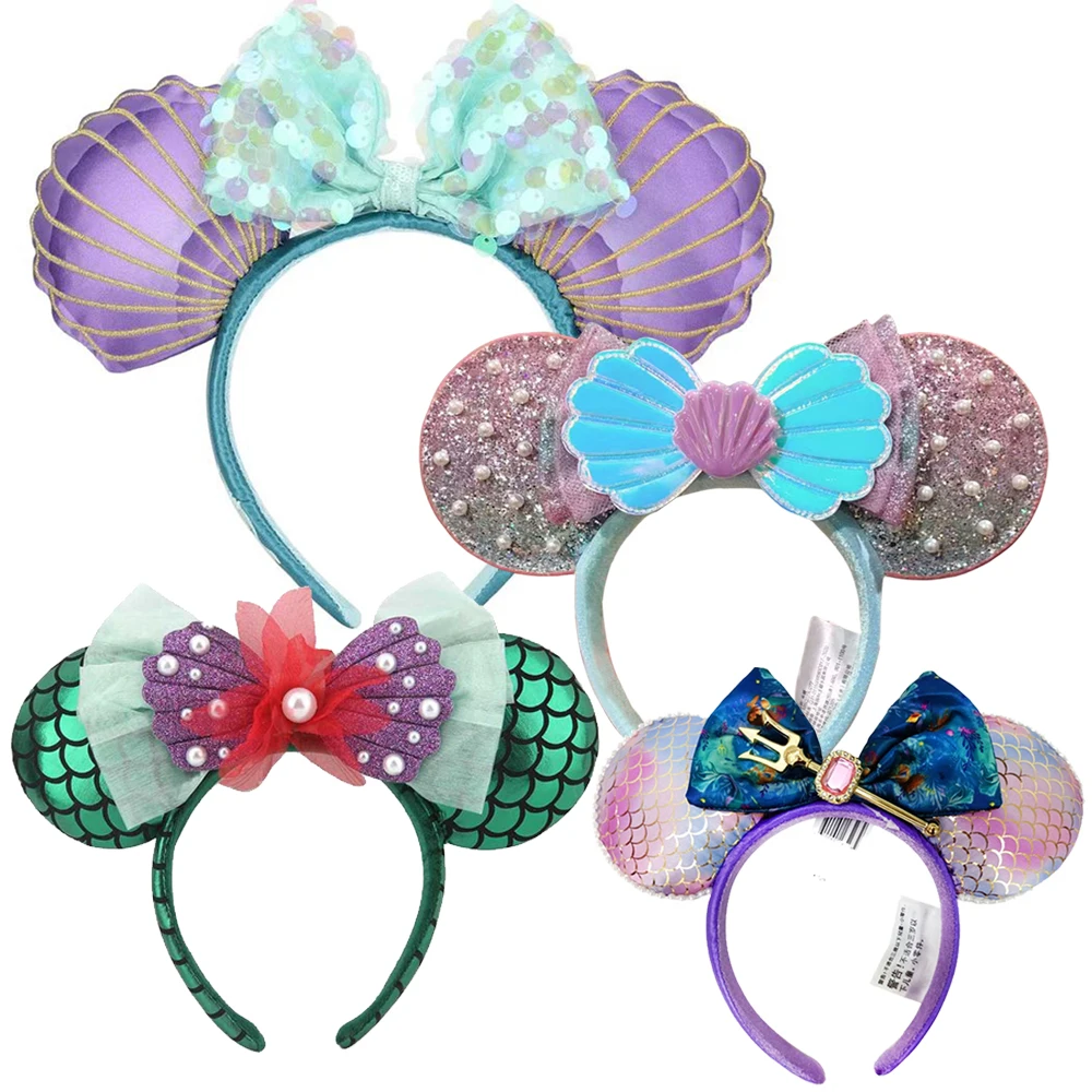 Disney Mickey Minnie Maus Ohren Stirnband Für Mädchen Erwachsene Meerjungfrau Shell Bogen Haarband Festival Party Reise DIY Haar Zubehör Image