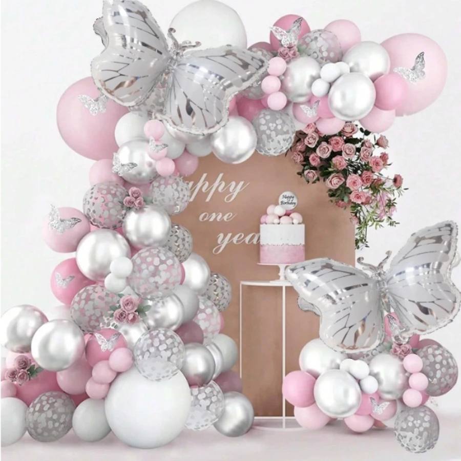 130-teiliges Ballon-Set im Hochzeitsthema, Macaron-Rosa Ballons, 3D Silber Schmetterling Wandaufkleber, Ballongirlande, Hochzeit, Geburtstag, Brautparty, Dekoration, Fotoshooting Image