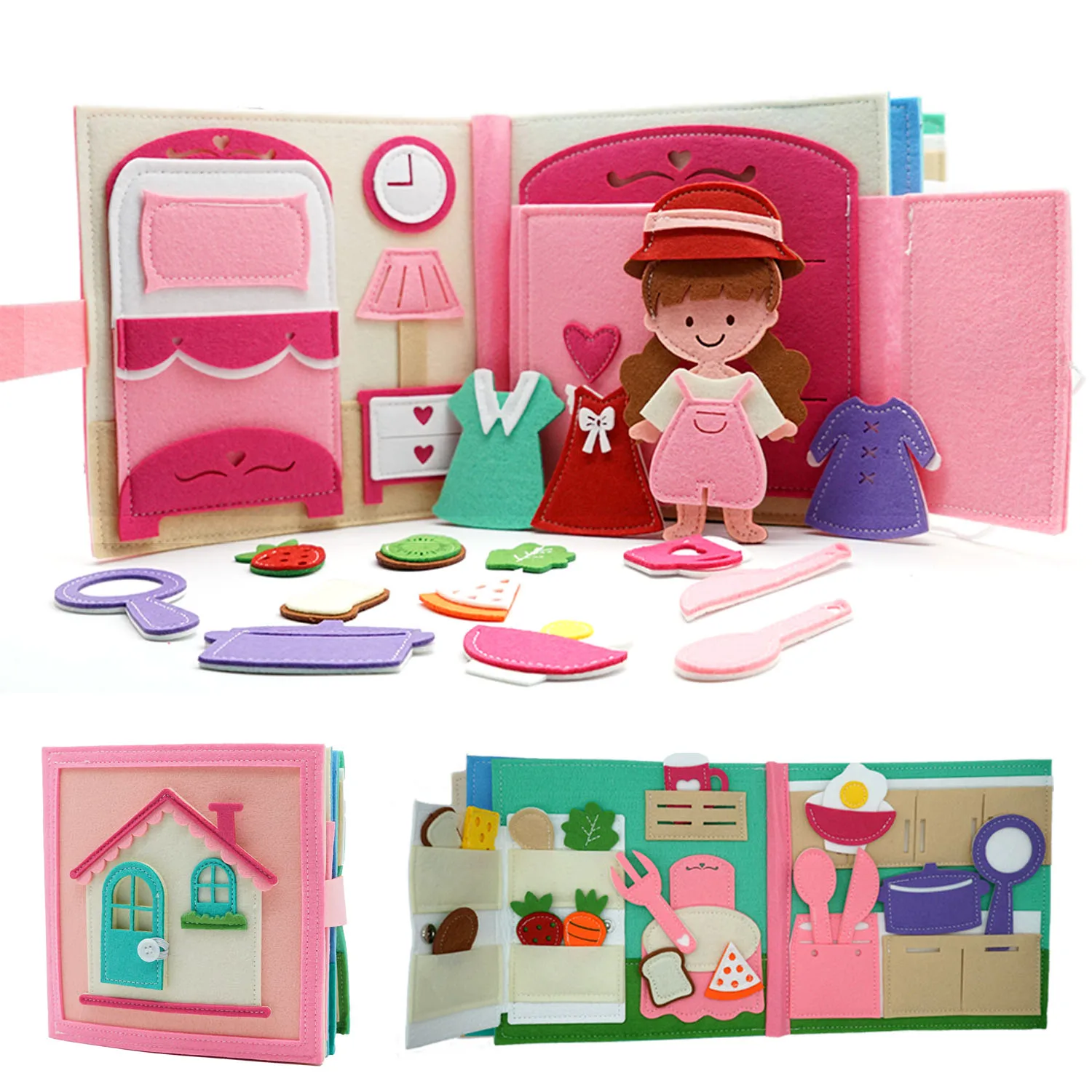 Montessori-Möbelbuch, Spielzeug, Vorschul-Aktivitätsbuch, tägliche Lebenskompetenzen, beschäftigtes Buch, Autismus, sensorisches Stoffbuch, Mädchen, Geschenk für Kleinkinder Image