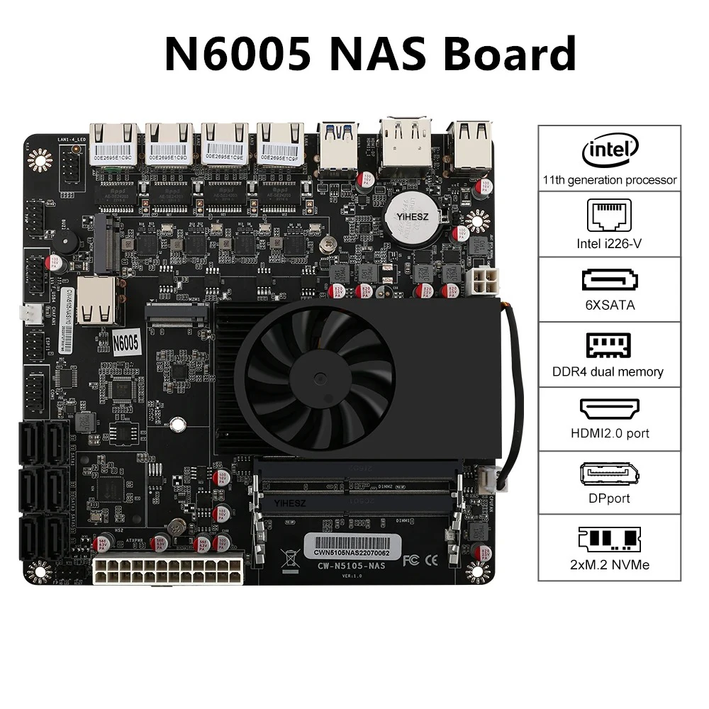 N6005 NAS-Board Industrie-Motherboard NAS-Motherboards 4 Kerne 4 Threads Prozessor 4x2,5G i226 Netzwerk 2 M.2 NVMe-Steckplatz 6xSATA