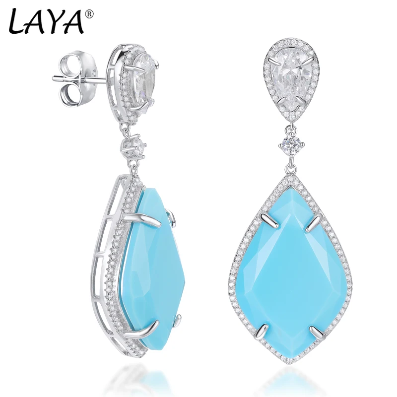 Laya Ohrringe aus 925er-Sterlingsilber mit Zirkon, blau-rosa Korallen-Edelstein, große Tropfen-Ohrringe für Damen, Cocktail, origineller moderner Schmuck
