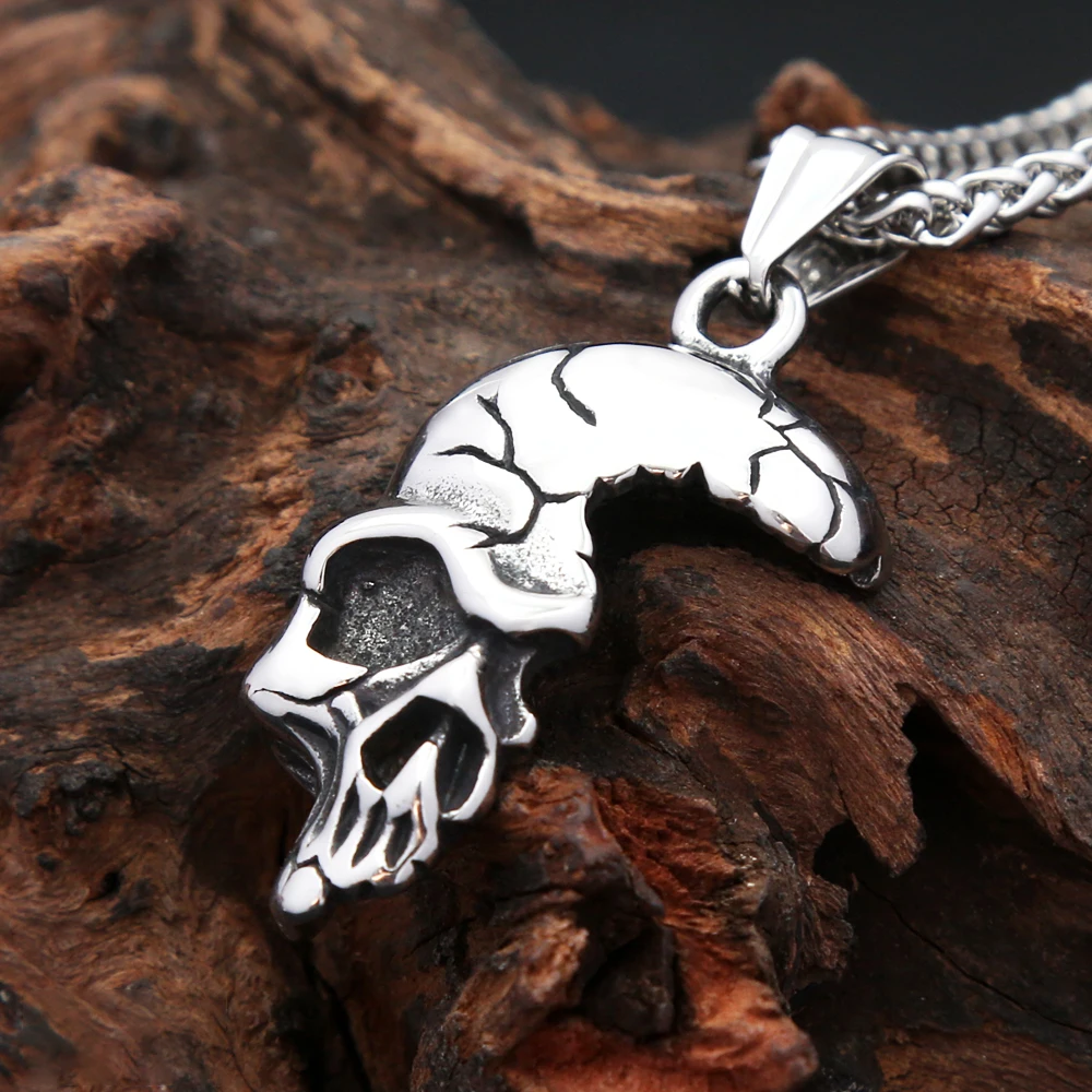 Punk Vintage Halbe Gesicht Schädel Anhänger Halskette Für Männer Edelstahl Gothic Biker Skeleton Halskette Halloween Schmuck Großhandel Image