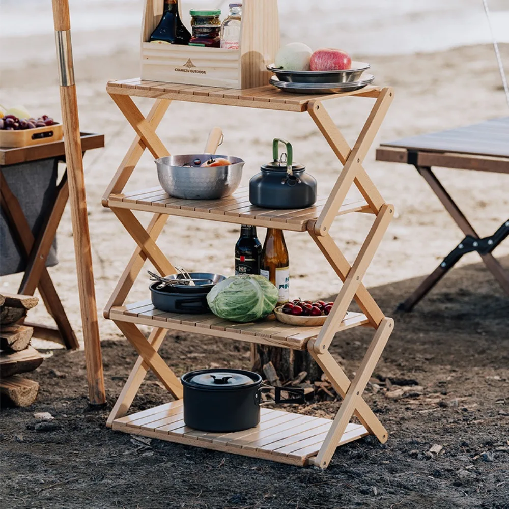Outdoor mehr schicht ige Camping-Tische keine Installation Klapptisch multifunktion ale Camp Organisation Regale faltbare Bambus-Rack