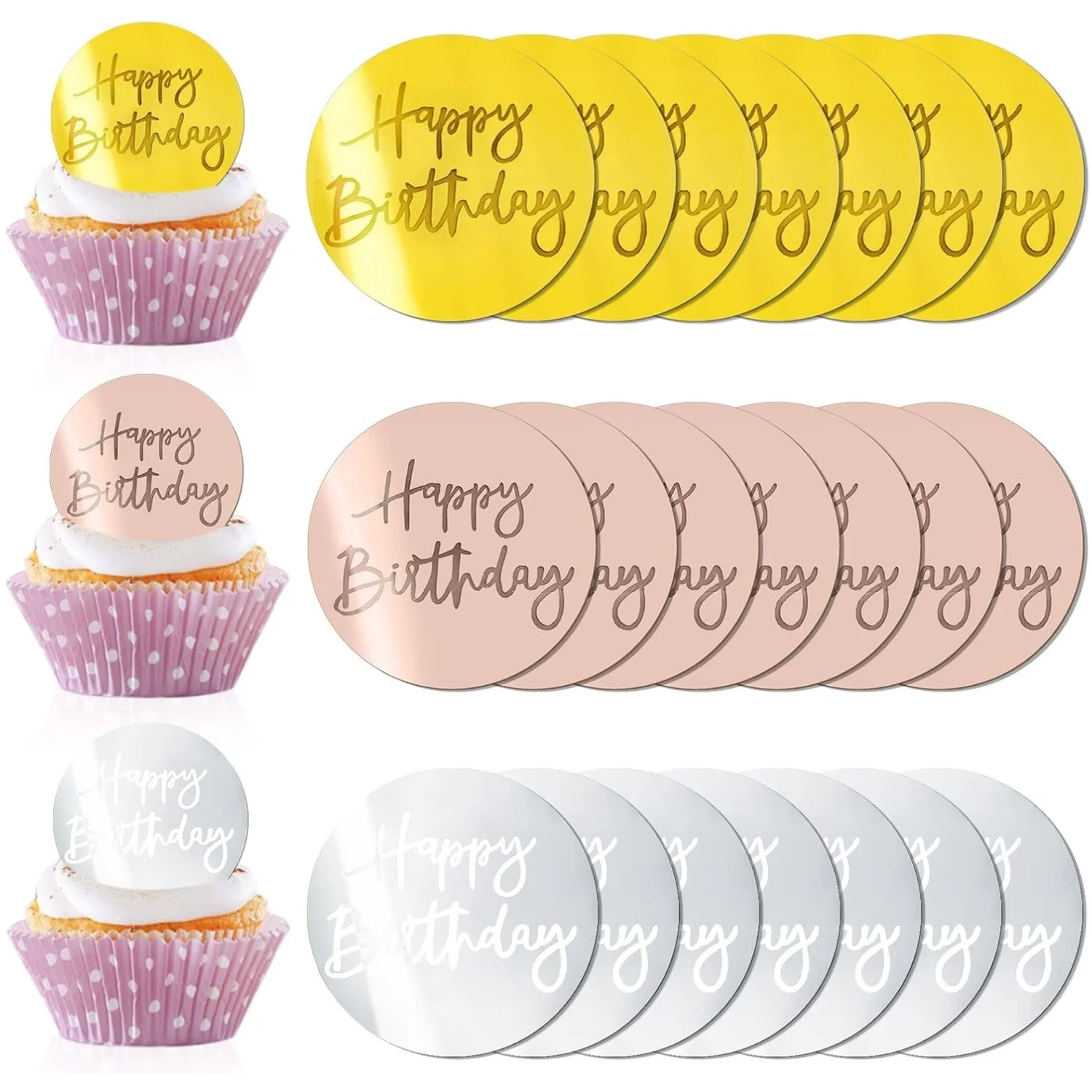 21pcs alles Gute zum Geburtstag Kuchen Scheibe Acryl Cupcake Topper, Spiegel Acryl Kuchen Topper für Geburtstags feier DIY Cupcake Dekorationen Image
