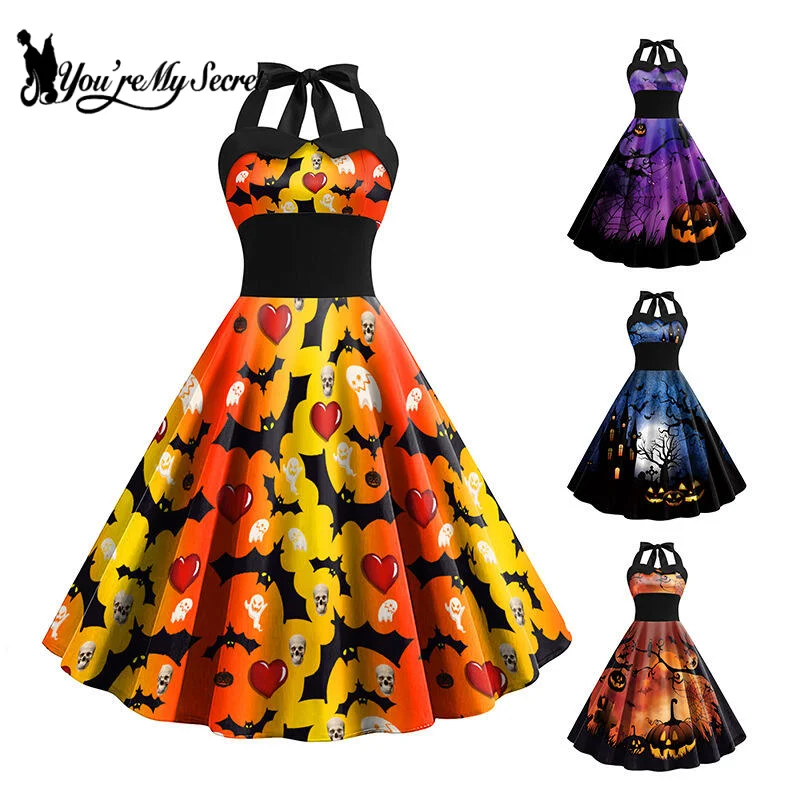 [Du bist mein Geheimnis] Halloween Cosplay Kostüme für Frauen Vintage Kleid sexy Hexe Schädel Kürbis Druck Party Kleider Kleidung Mujer Image
