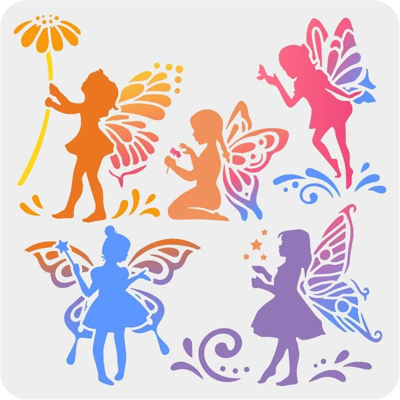 1pc Fee Schablone 11,8x11,8 inch wieder verwendbare Schmetterling Blume Feen Zeichnung Vorlage DIY Kunst kleine Fee Schablone Traum thema Image