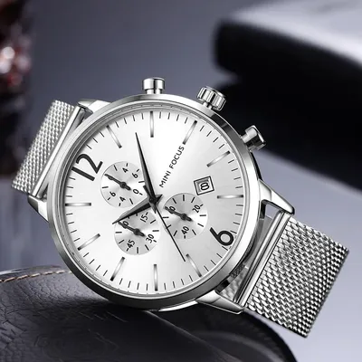 MINI FOKUS Männer Klassische Quarz Uhren Edelstahl Mesh Armband Chronograph Wasserdichte Armbanduhr