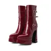 Mode Patent Leder frauen Stiefeletten Herbst Winter 14cmThick Hohe Ferse Plattform Metall Taste Spitze Schuhe Size43 Frauen schuhe