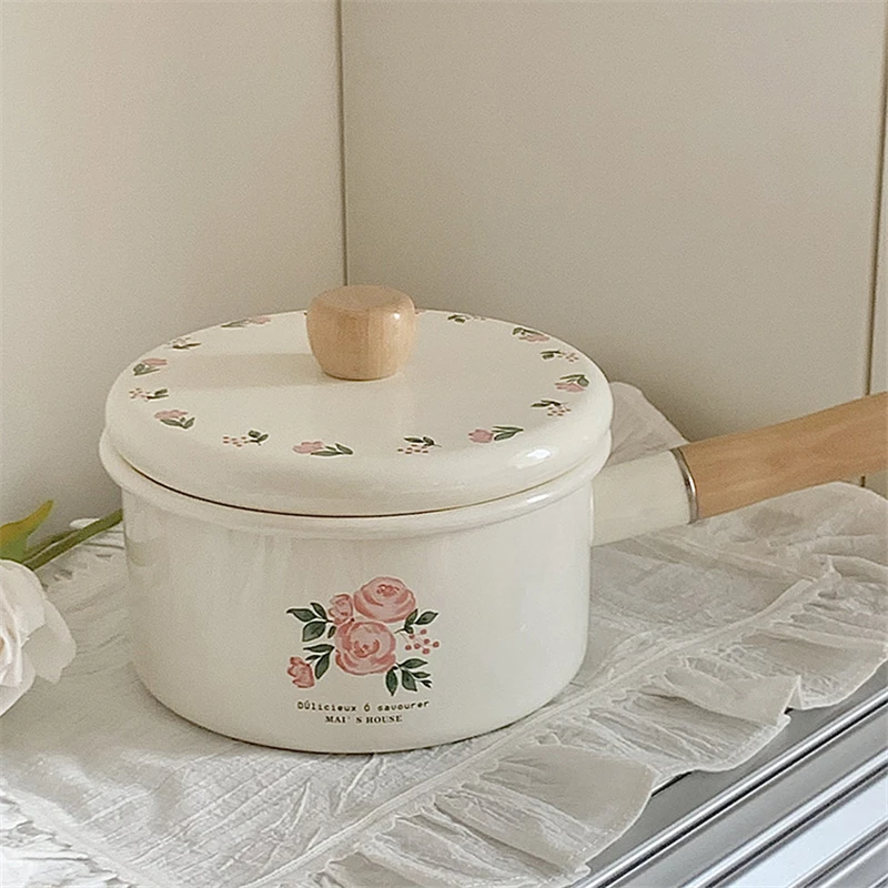 Emaille Milch pfanne mit Deckel Vintage rosa Rose Küchen töpfe bietet Babynahrung Topf kleine Nudelsuppe Topf Emaille Kochgeschirr Utensilien Image