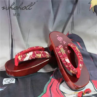 WHOHOLL Geta Japanischen Clogs Frauen Hausschuhe Flip-Flops Holz Keil Sandalen Rote Untere Sakura Image