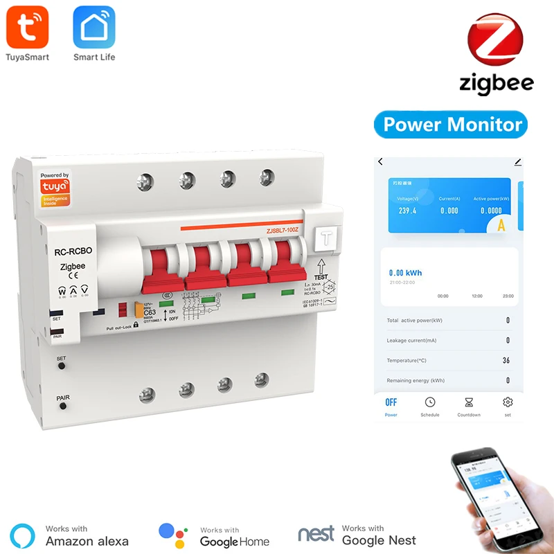 4P RCBO Zigbee Smart Circuit Breaker Energieüberwachungs- und Zählerfunktion für Alexa und Google Home Wireless Leakage Protection Image