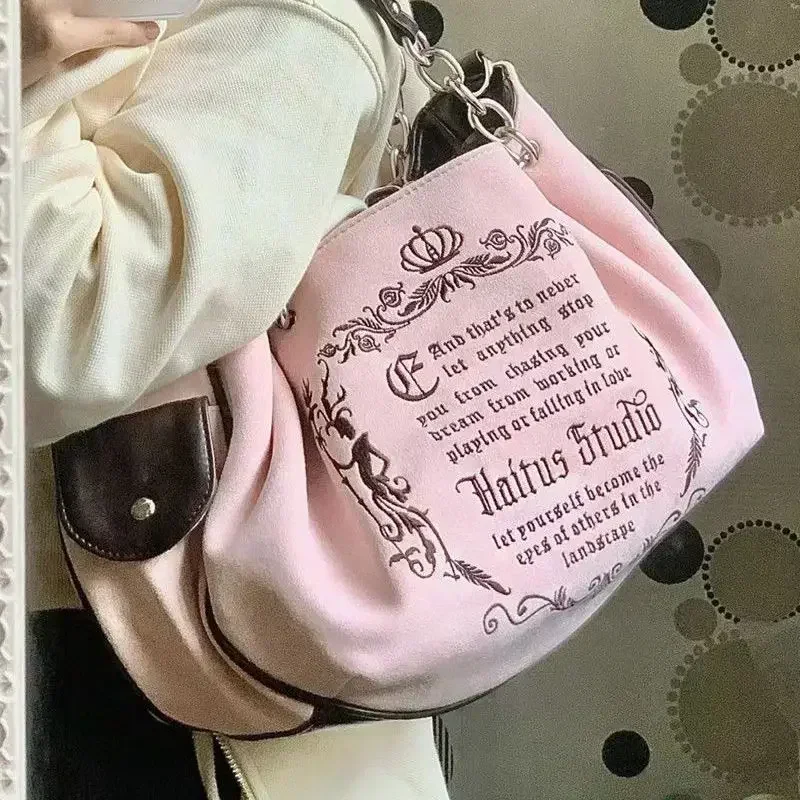 Y2K Rosa Vintage Gothic Damen Einkaufstasche Ästhetische große Kapazität Stickerei Buchstaben Retro Shopping Reise Kette Umhängetasche