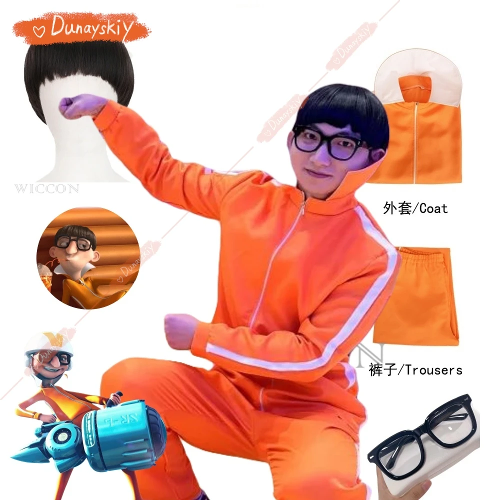Vektor Cosplay Film Kostüm Orange Jakect Hose Brille Outfits Set Pilz geformte Perücke Halloween Phantasie Anzug Party Anzug Image