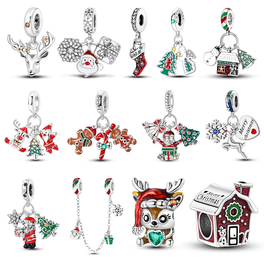 Weihnachtsanhänger aus 925er Silber, passend für Original-Armreifen, Damen-Anhänger, Baum, Weihnachtsmann, Schneeperlen, baumelnd, als Weihnachtsgeschenk Image