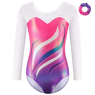 Kids Ballet Leotards Long Sleeve Diamond Figure Skating Bodysuit With Hairband Girls Stage