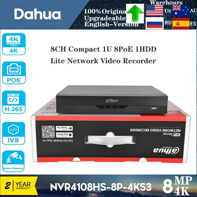 Original Dahua 4K 8 PoE 8CH H.265 Port NVR NVR4108HS-8P-4KS3 12MP Compact 1U 1HDD Lite Network Video