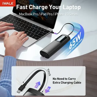 iWALK Laptop Power Bank, 20000mAh 65W 3-Output Portable Charger with Built-in USB-C Cable, PD QC