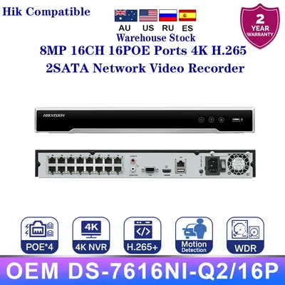 Hikvision OEM 16ch 1U 16 PoE 4K NVR DS-7616NI-Q2/16P Two way Audio Network Video Recorder Security