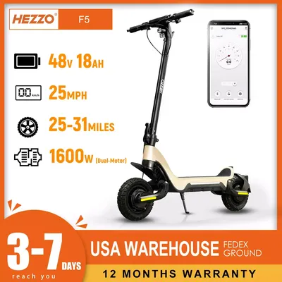 HEZZO Electric Scooter 18Ah 48V 1600W Powerful Dual Motors City Off Road F5 Escooter Oil Brake 28Mph