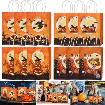 12Pcs Halloween Gifts Bags Pumpkin Bat Goodies Wrapping Bag with Handle Snack Packaging Pouch for