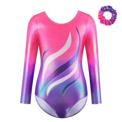 Kids Girls Ballet Dance Leotards Long Sleeve Diamond Figure Skating Bodysuit With Hairband