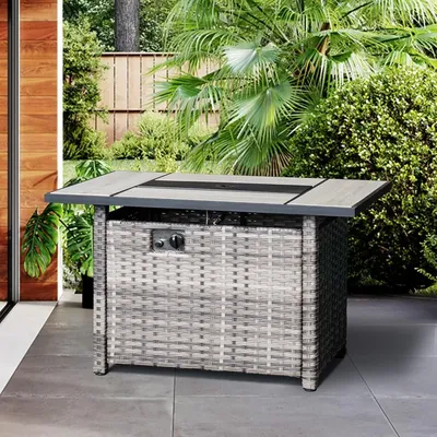 Fire Pit Table 42 inch Outdoor Rectangle Gas Fires Table with Lid, 50,000 BTU, Fire Pit Wicker