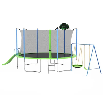 12FT Trampoline with Slide and Swings, ASTM Approved Large Recreational Trampoline with Basketball