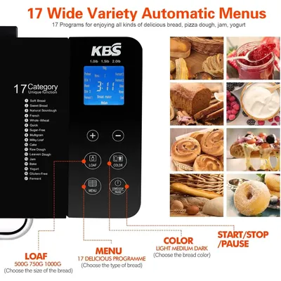 KBS Bread Maker-710W Dual Heaters, 17-in-1 Bread Machine Stainless Steel with Auto Nut