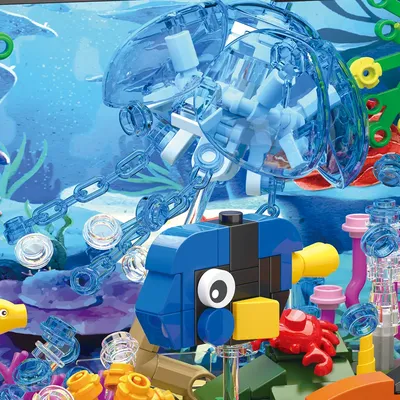 Idea Fish Tank Building Block Set with Light，Aquarium, Marine Life, Jellyfish And Turtle Ecological