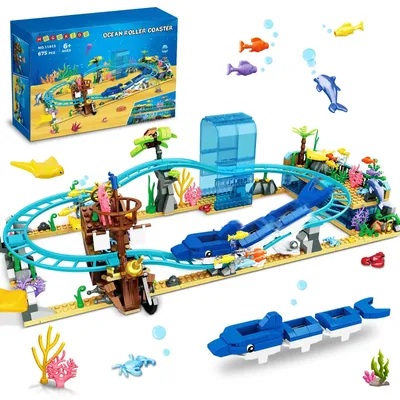 HOGOKIDS Ocean Roller Coaster Building Set- Aquarium with Pirate Ship & Dolphin Railcar Undersea