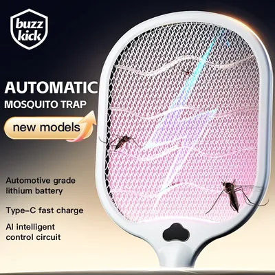 Electric Fly Swatter Racket 3500V buzzkick Bug Zapper Racket Dual Modes Mosquito Killer with Purple