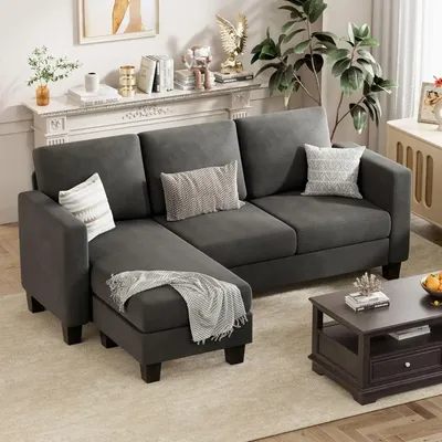 Convertible Sectional Sofa Couch, 3 Seat L-Shaped Sofa with Linen Fabric, Movable Ottoman Small