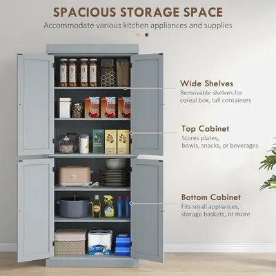 72.5" Freestanding Kitchen Pantry Cabinet, Tall Storage Cabinet with 4 Doors and 2 Adjustable