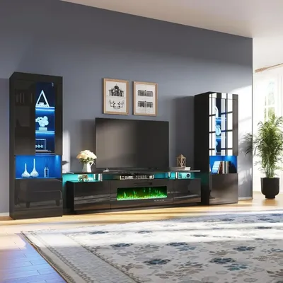 TV Stand with Fireplace and Bookcases, 80" 2-Tier Fireplace TV Stand with 40" Fireplace, 2 X