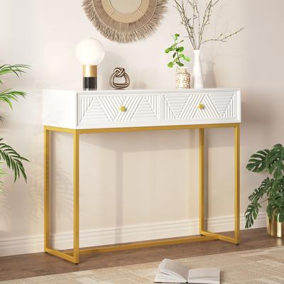 Modern Sleek Console Table 2 Drawers with Stripe Design for Living Room and Entryway