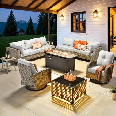 OVIOS 11 Pieces Outdoor Wicker Swivel Chair Set With Fire Table
