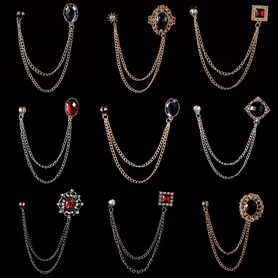 Broches en métal strass pour hommes, nouvelle mode, costume, chemise, chaîne à pampilles, épingle à revers et broche, bijoux, vêtements et accessoires de luxe