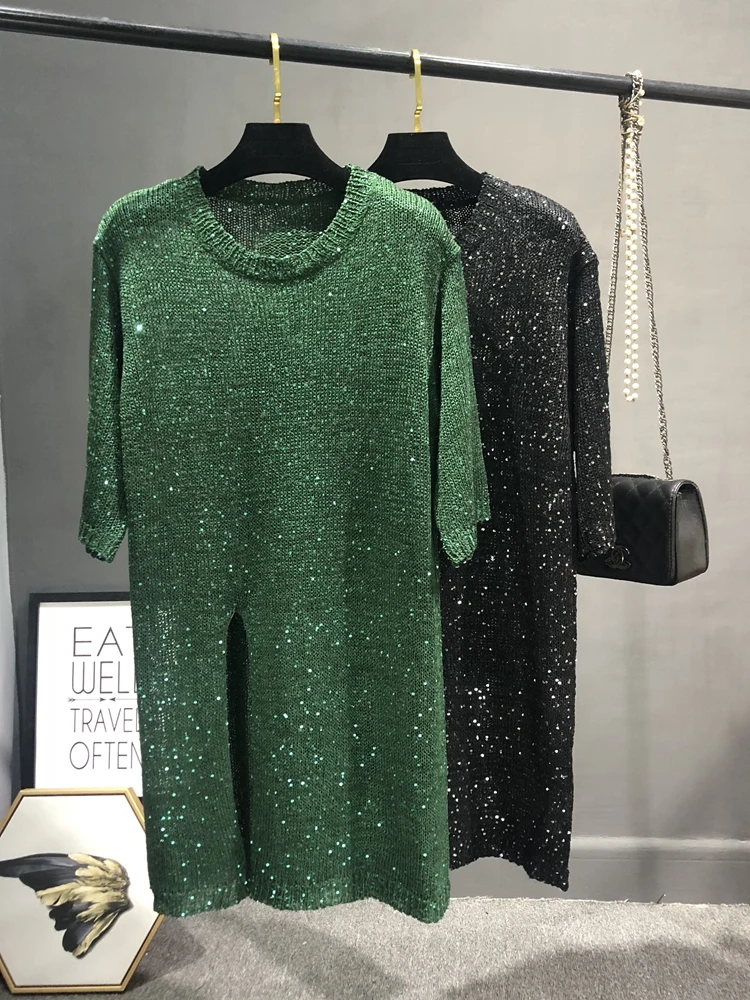 Schwarz Pailletten Kleid träge ist faul Wind Joker Split dünnen Strick rock Frau Kleider für Frauen Party Vintage Kleid