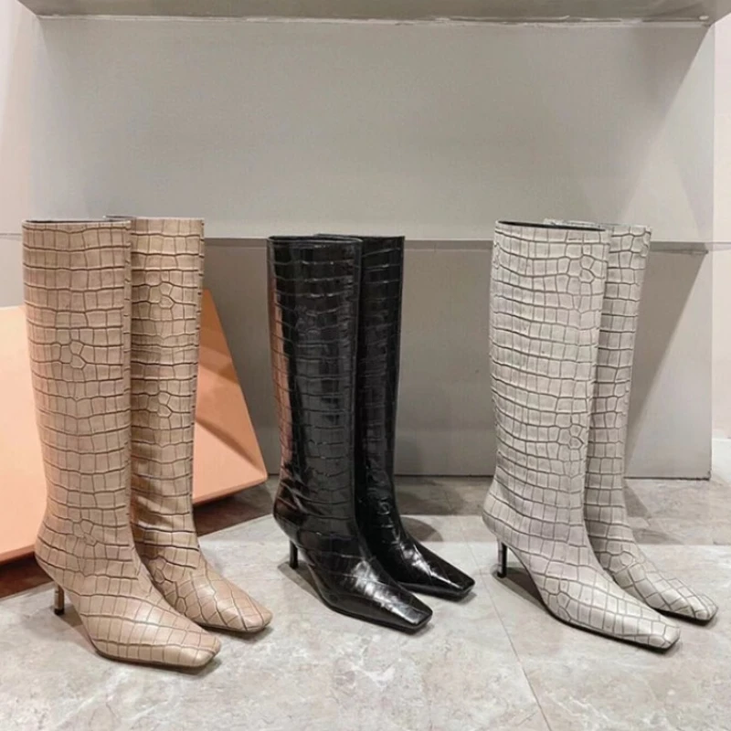 Stein muster Rindsleder schwarz Aprikose kniehohe Stiefel Frauen Herbst Winter niedrige Absätze quadratische Zehen lange Stiefel Retro Größe 34-44 Schuhe