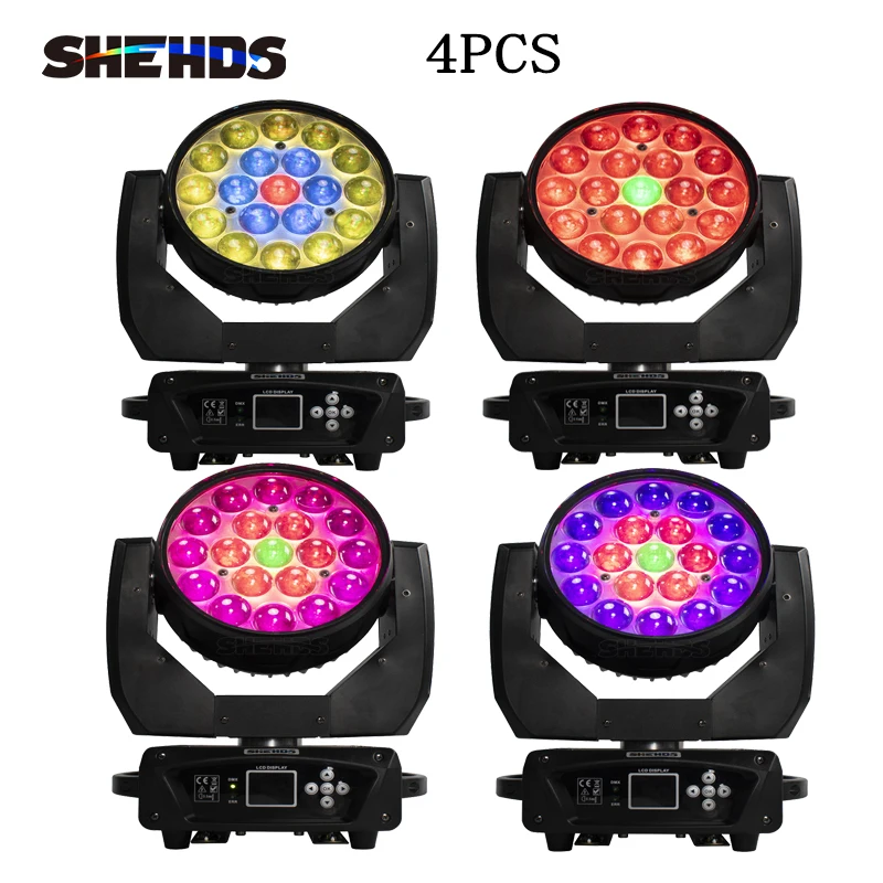 SHEHDS 4PCS Strahl + Waschen 19x15W RGBW Zoom Moving Head Beleuchtung für Disco KTV Party Kostenloser schneller Versand Image