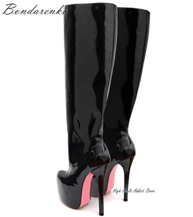Rosa Sohle Super High Heels Plattform kniehohe Stiefel Frauen runde Zehen Reiß verschluss Lederstiefel Luxus Designer große Größe Party Tanz schuhe