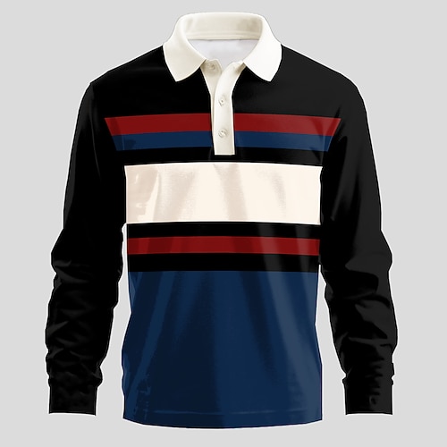 Herren Gestreift Rugby-Poloshirts Langarm Polo-Shirts Kragen Business-Casual Formell Urlaub Alltagskleidung 3D-Druck Knöpfe Frühling Herbst Winter Blau Image