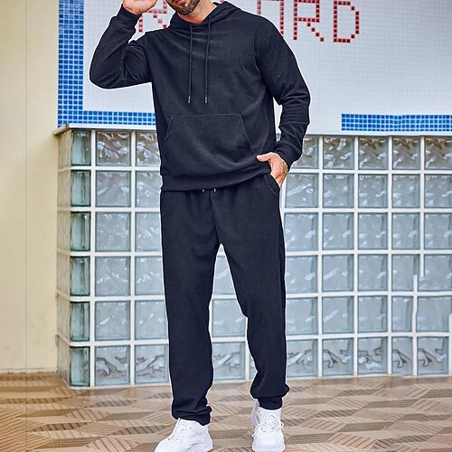 Herren Sweatshirt Pullover Trainingsanzug Jogginganzug Schwarz Armeegrün Rote Marineblau Hellgrau Mit Kapuze Glatt Kordelzug 2 teilig Sport Natur Täglich Festtage Strassenmode Basic Brautkleider Image