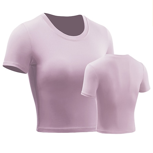 Damen Einfarbig Lauf-T-Shirt Bauchfreies Top Kurzarm T-Shirt Lässig Athleisure Sommer Schnelltrocknend Weich Atmungsaktiv Fitnesstraining Gehen Joggen Sportbekleidung Sportkleidung Schwarz Weiß Rosa Image