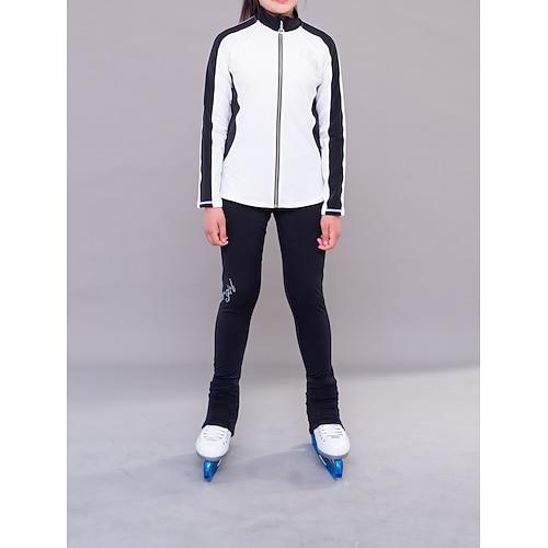 Eiskunstlauf Fleecejacke Eiskunstlaufhose Eiskunstlaufjacke mit Hose Damen Mädchen Eislaufen Jacke Strumpfhosen Outfits Schwarz Weiß Patchwork Daumenloch Spandex Dehnbar Training Übung Professionell Image