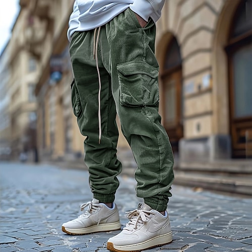 Herren Cargohose Cargohosen Cordhose Hose Hosen Freizeithose Jogginghosen Kordelzug Elastische Taille Multi Pocket Glatt Komfort Warm In voller Länge Outdoor Casual Täglich Modisch Strassenmode Image